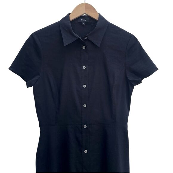 Theory Linen-Blend Good Crunch Midi Shirtdress Black Size 8 Button Front Dress - Picture 6 of 12